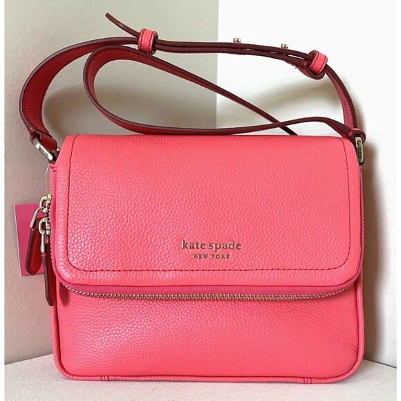 New Kate Spade Run Around Large Flap Crossbody Pebble Leather Peach Melba - Picture 1 of 8